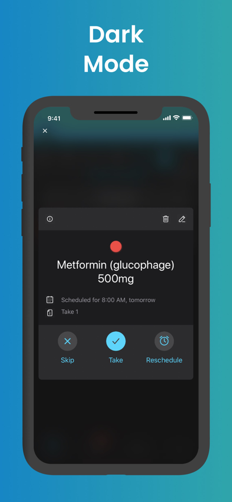 Medisafe Medication Management - Medisafe Medikamentenmanagement-App-Oberfläche zeigt eine geplante Pillenerinnerung im Dunkelmodus mit Optionen zum Überspringen, Einnahme oder Verschieben