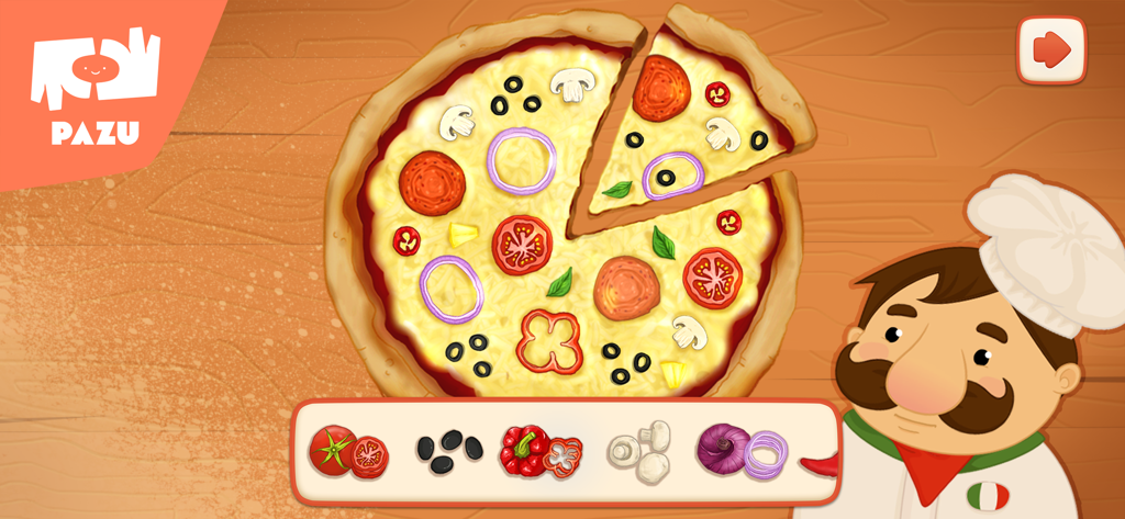 Pizza maker cooking games - Un personaje de chef de dibujos animados de pie junto a una pizza decorada con varios ingredientes vegetales