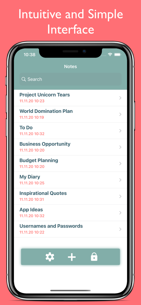 Una lista de entradas seguras y con marca de tiempo en la interfaz de la aplicación Notas Privadas.