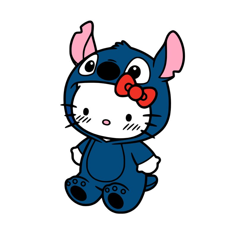 little cute hello kitty, blushing with little stitch costume