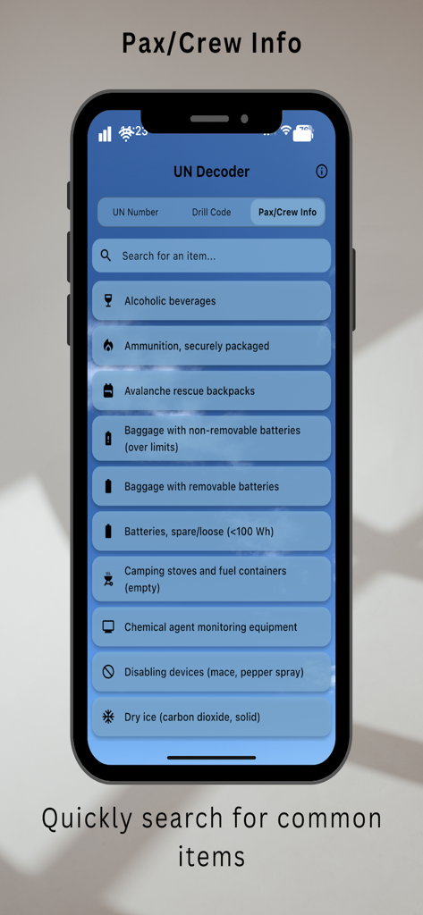 UN Decoder & Hazmat - Lista pesquisável de itens comuns de bagagem de passageiros e regras de segurança no aplicativo Decodificador UN