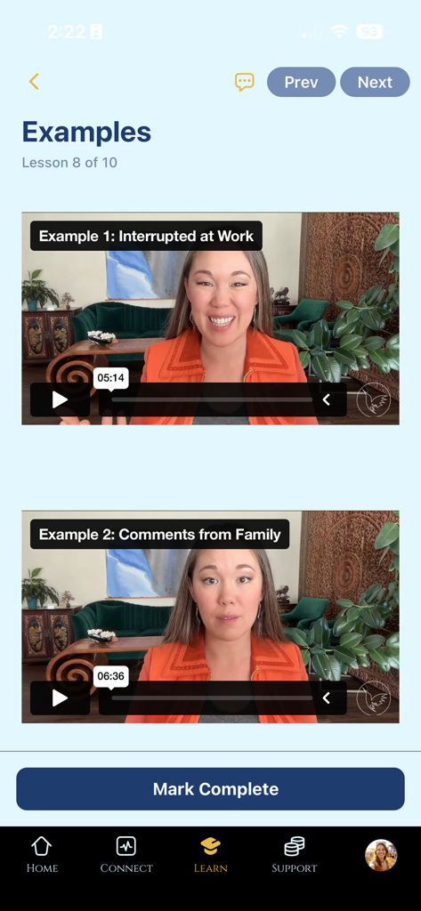 The She Center - The She Center app interface showing video lesson examples for women on communication and boundary setting