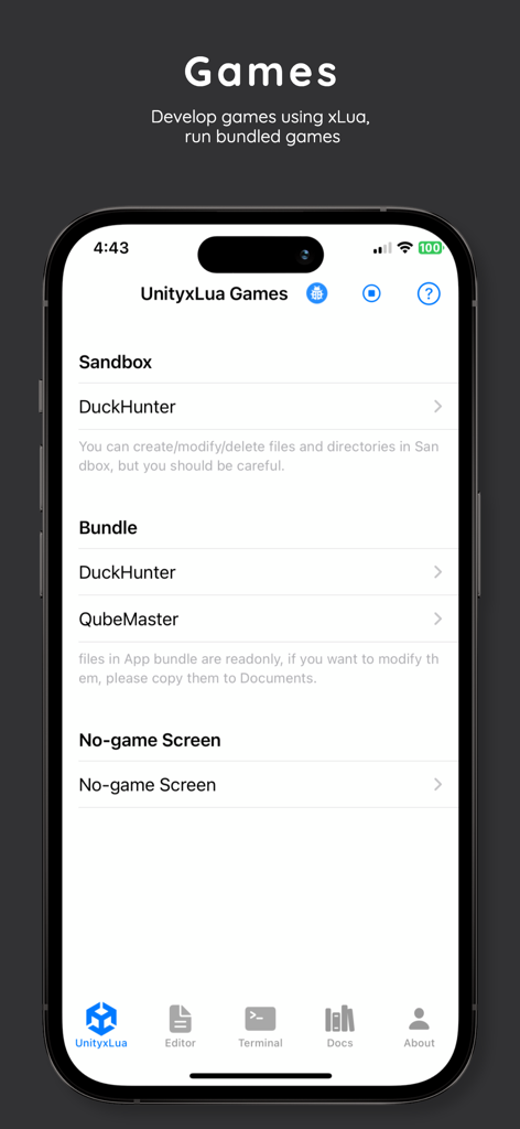 U Game Engine xLua app games menu showing sandbox and bundle project options including DuckHunter and QubeMaster