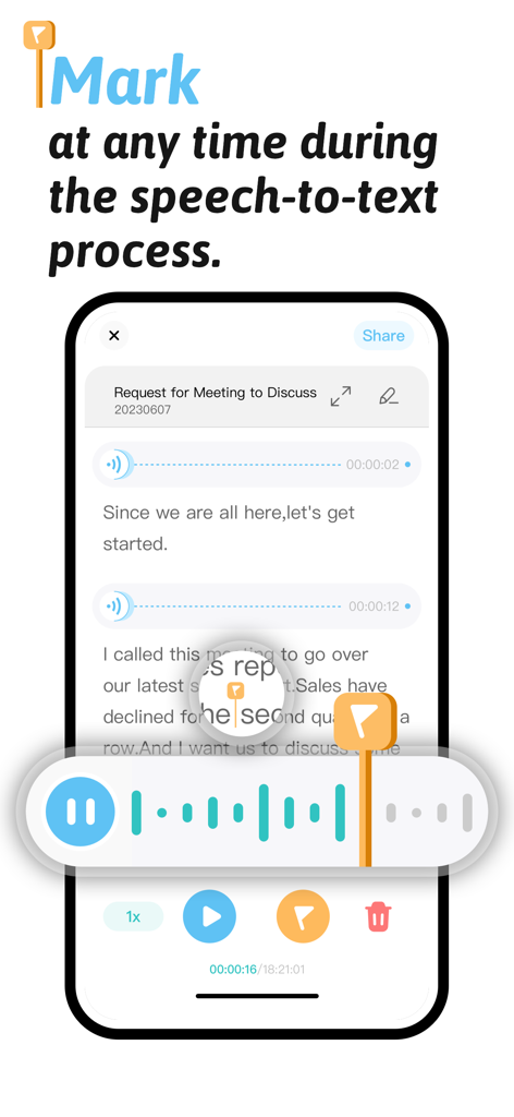 Schermata dell'app Speakwrite che mostra la funzione di contrassegno utilizzata durante una trascrizione vocale-testo di una riunione