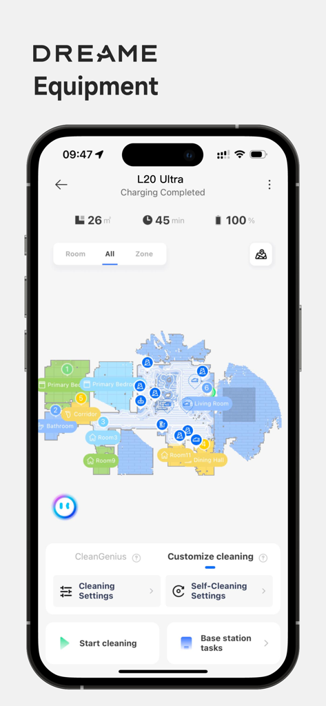 Interface de l'application Dreamehome montrant une carte détaillée de la maison et les commandes de nettoyage pour un robot aspirateur.