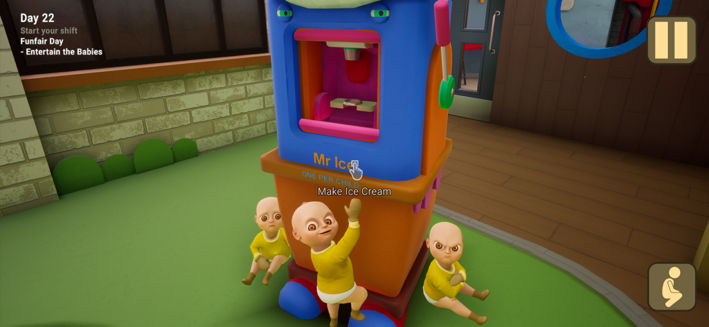 Creepy babies in yellow outfits surrounding a Mr Ice machine at a funfair in The Baby In Yellow game