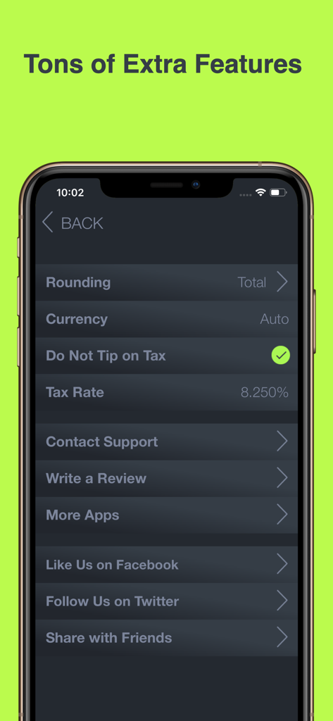 Tip Calculator % Tap Tip - 通貨の丸めや税金除外のオプションを表示するTap Tipアプリ設定ページのスクリーンショット。