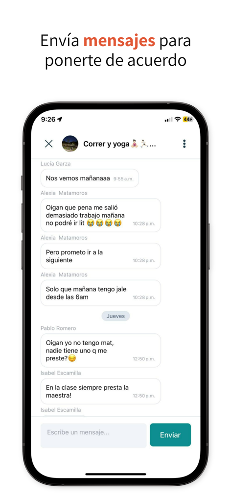 hobi - Friends & Plans - A group chat interface in the hobi app where users are coordinating a running and yoga activity.