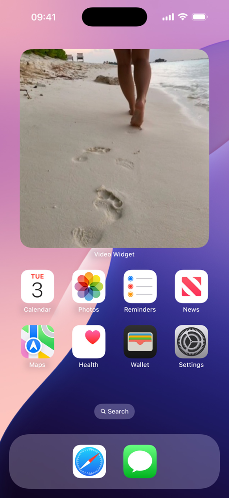 iPhone Home-Bildschirm mit einem großen Video-Widget, das eine Strandurlaubsschleife anzeigt