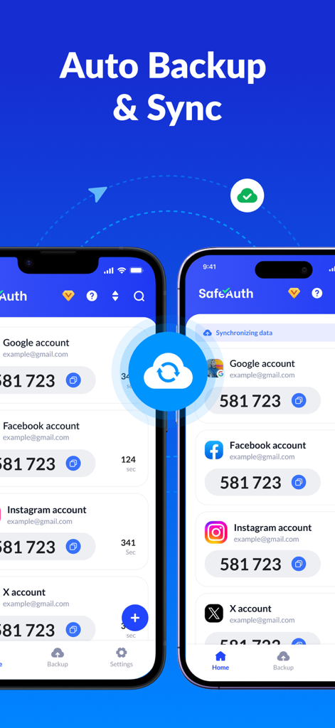 Two iPhones displaying SafeAuth authenticator app with cloud backup and sync feature enabled for multiple 2FA accounts