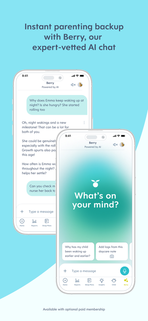 Huckleberry app showing Berry AI chat for expert parenting advice and sleep guidance