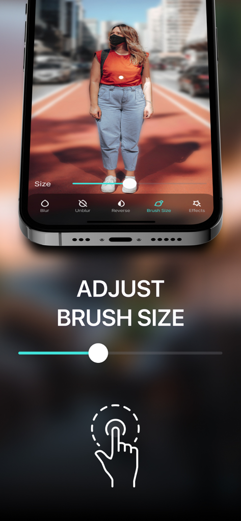 Blur Photo - Background & Face - Eine mobile Oberfläche, die zeigt, wie die Pinselgröße zum Unschärfen eines Foto-Hintergrunds angepasst wird