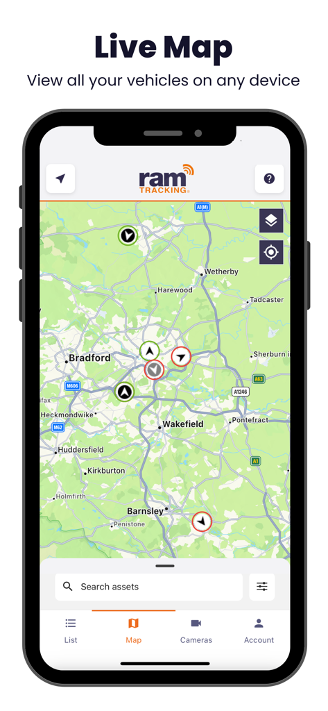 Live map interface of the RAM Tracking fleet management app