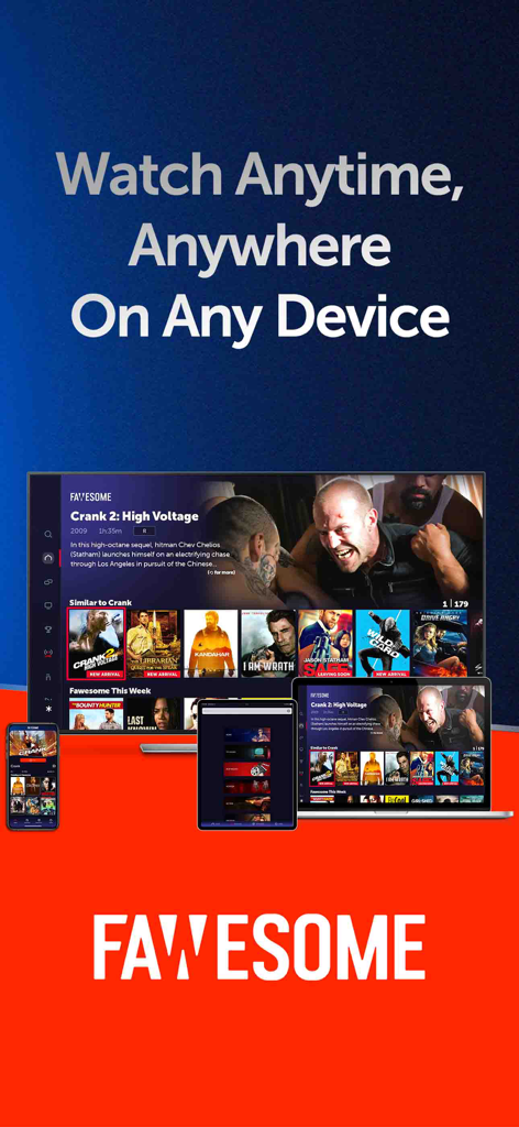 Interface de l'application de streaming Fawesome affichée sur un téléviseur connecté, un ordinateur portable, une tablette et un smartphone