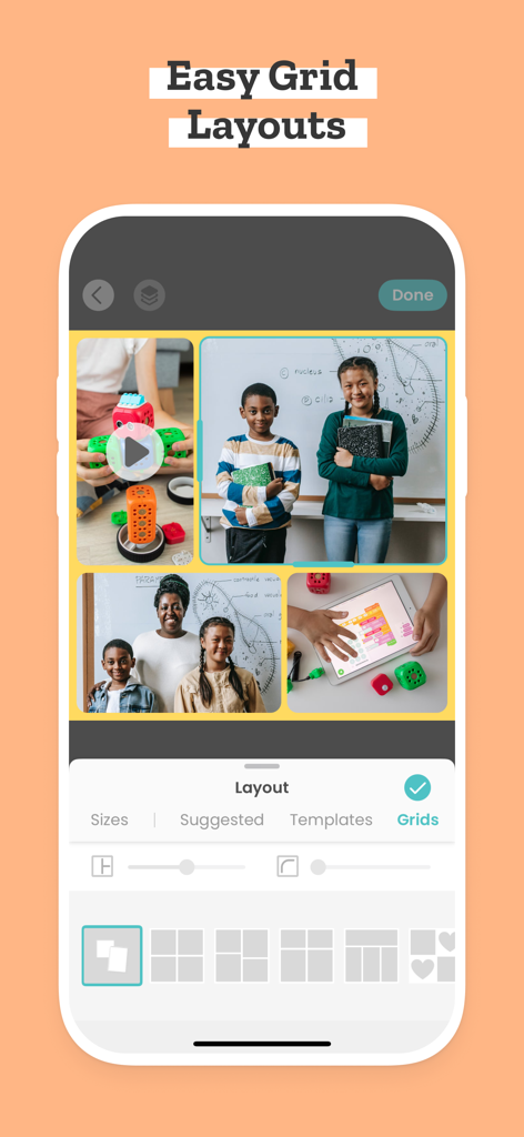 PicCollage EDU mobile app screen showing easy grid layouts for school projects with classroom photos
