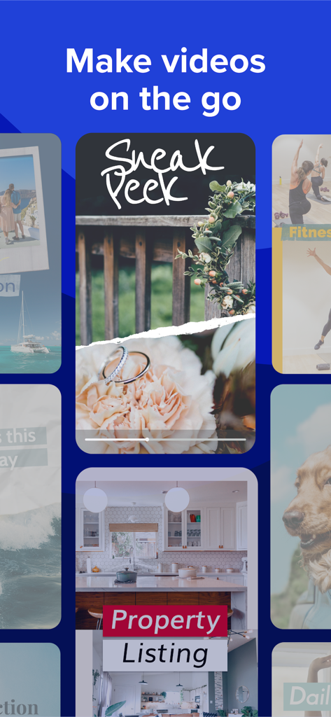 Interface de l'application mobile Animoto montrant des modèles vidéo professionnels pour l'immobilier et les médias sociaux.