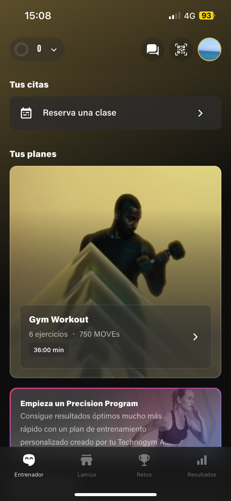 Lamiya 피트니스 앱 대시보드에 체육관 운동 계획 및 수업 예약 기능이 표시됨