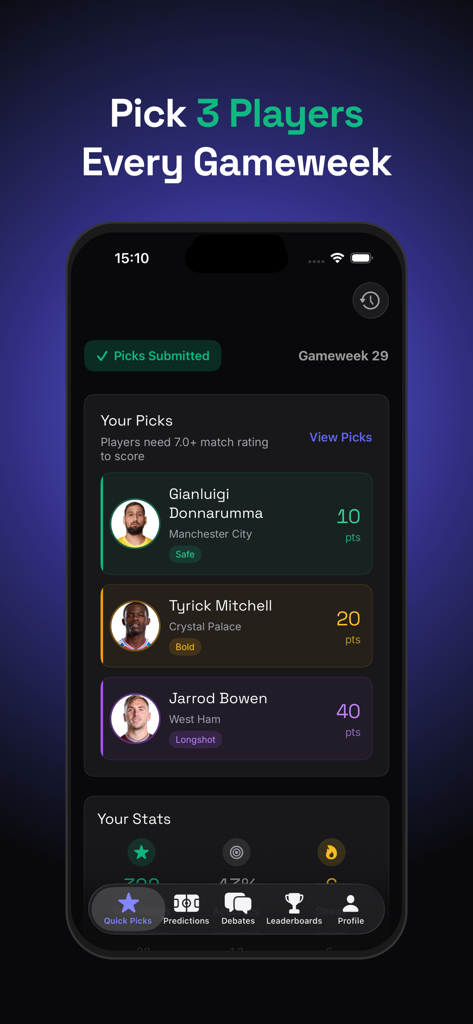 Opinex App - Oberfläche der Opinex-App, die drei ausgewählte Fußballspieler für eine Spielwoche mit Punktwerten zeigt