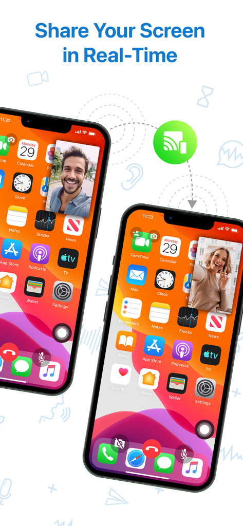 Video Call & Chat LinkLive - Zwei iPhones demonstrieren die Echtzeit-Bildschirmfreigabefunktion während eines LinkLive-Videoanrufs.