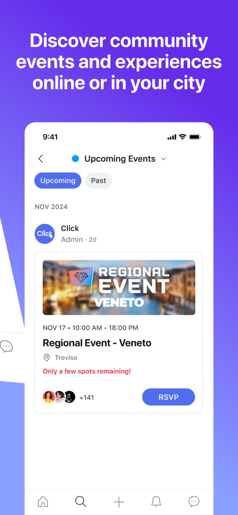 Click Academy - Click Academy app screen showing upcoming business events and an RSVP button