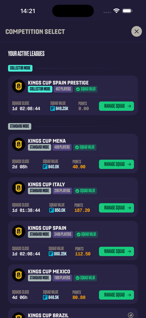 Kings League Fantasy - A list of active fantasy leagues in the Kings League Fantasy app including Spain Italy and Mexico competitions