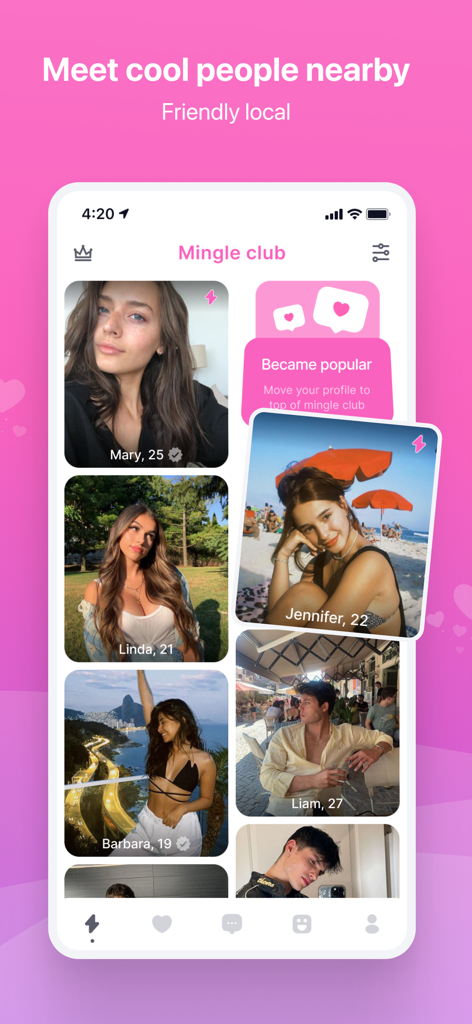 Mingle club interface on the Vibes Dating app showcasing various user profiles