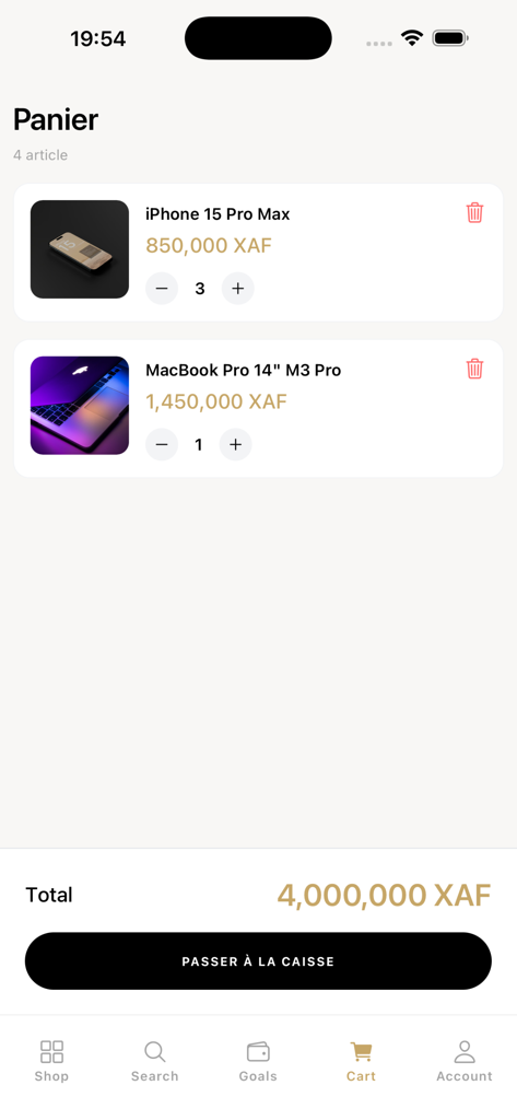 Kauri app shopping cart showing premium electronics and total in XAF