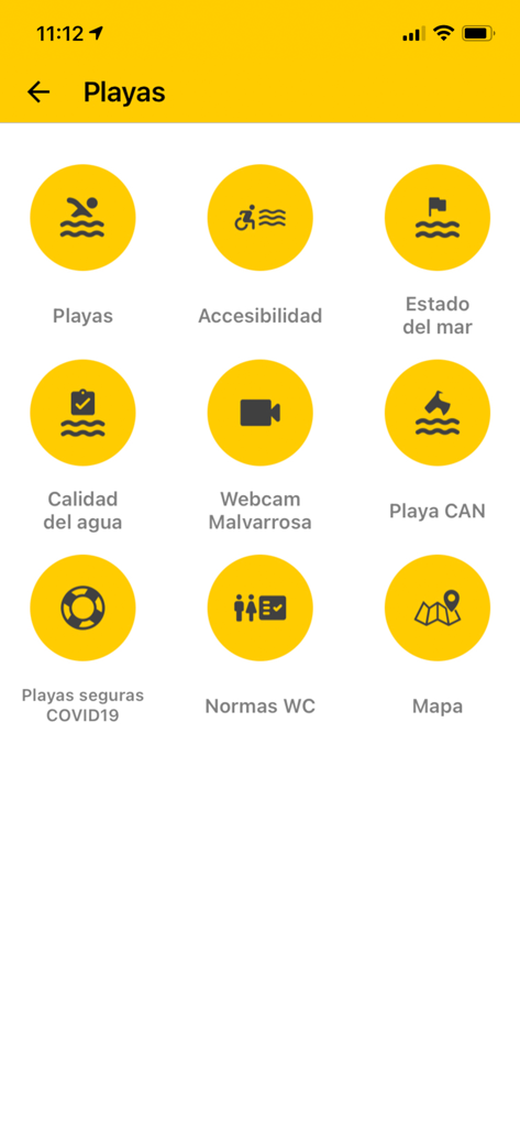 Interface do aplicativo AppValencia mostrando opções de serviços de praia, incluindo qualidade da água e estado do mar