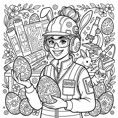 Unleash your creativity with this unique coloring page featuring an engineer celebrating Easter! Discover a delightful blend of gears, circuits, and festive bunnies ready for your artistic touch.