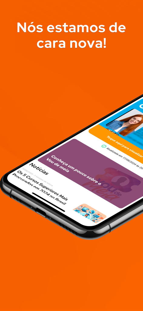 Vou de Meia - Smartphone mostrando a interface de usuário atualizada do aplicativo de identidade estudantil digital Vou de Meia.