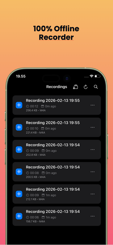 iRecorder: Background Recorder - List of saved voice recordings in the iRecorder offline app interface