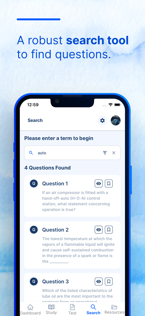 Sea Trials - USCG License Exam - Screenshot of the Sea Trials app showing the search interface for finding specific USCG license exam questions.