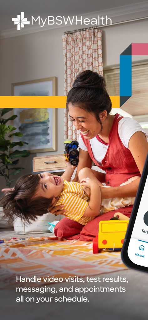 MyBSWHealth - A happy mother playing with her young son at home, illustrating the MyBSWHealth app's message about managing healthcare on your own schedule.