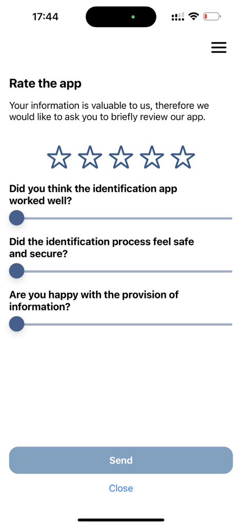 Identificatie-app AMP Groep - Feedback- und Bewertungsbildschirm für die Identificatie-app mit Sternebewertungen und Umfragefragen zur Benutzerzufriedenheit