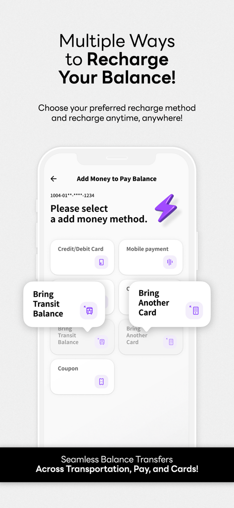 Uno schermo di un'app mobile che mostra vari modi per ricaricare il saldo della carta NAMANE, inclusa la carta di credito e i trasferimenti di trasporto