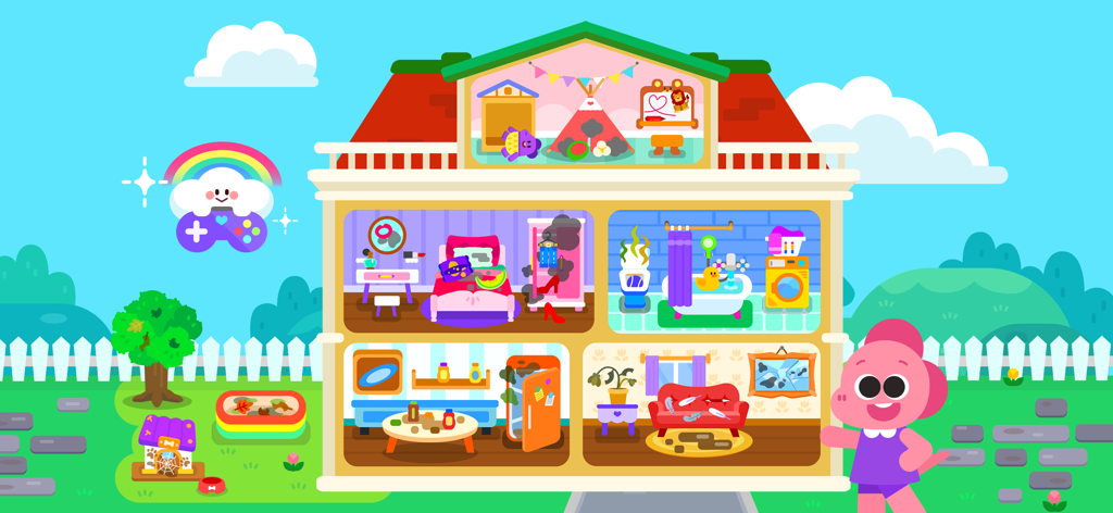 Cocobi Home Clean Up - Decor - Una colorida y desordenada casa de muñecas con varias habitaciones para limpiar en la aplicación Cocobi Limpieza del Hogar