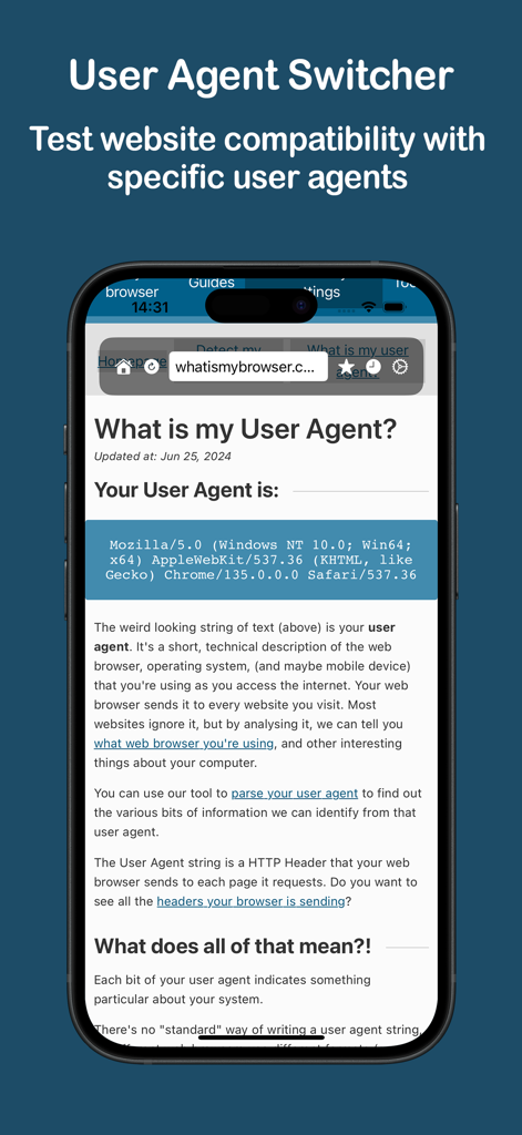 A smartphone screen displaying the User Agent Switcher app testing website compatibility by spoofing a desktop browser string.
