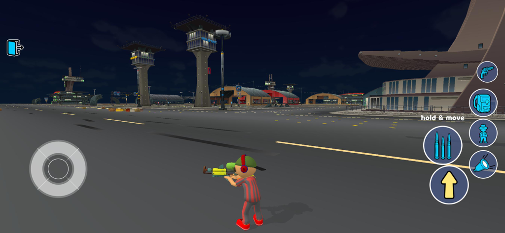 A character holding a weapon in a third-person city sandbox environment at night with on-screen mobile controls.
