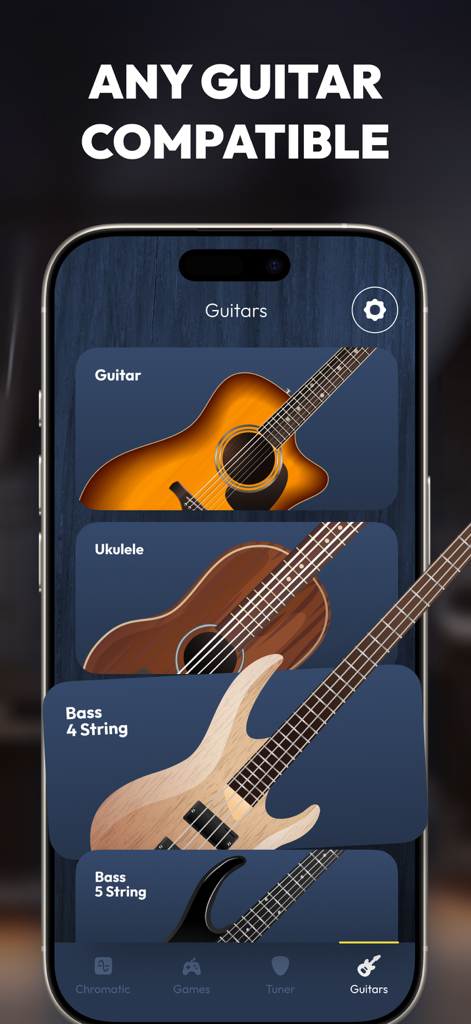 Guitar Tuner: Bass & Fender - Instrument selection screen in the guitar tuner app showing guitar ukulele and bass options