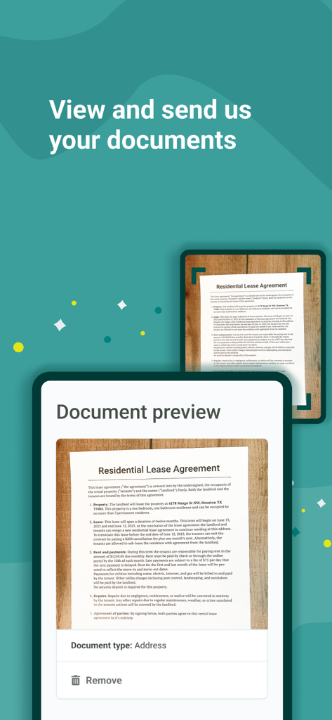 Your Texas Benefits - Schermata dello smartphone che mostra la funzione di anteprima dei documenti dell'app Your Texas Benefits con un contratto di locazione.