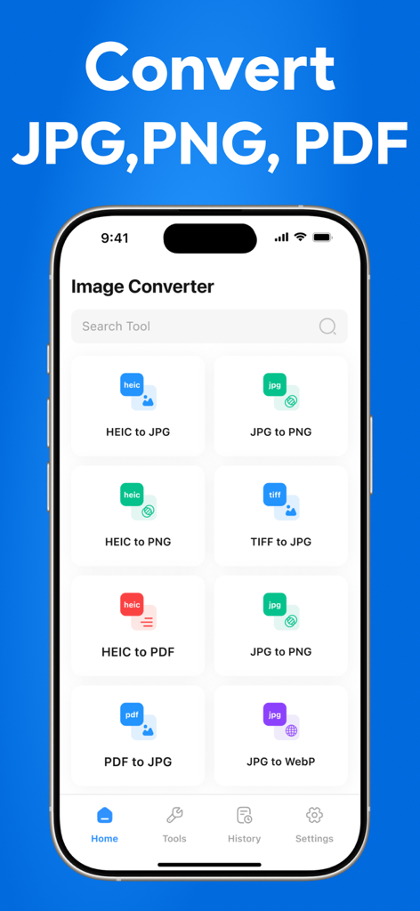 Image Converter: PNG,JPG, HEIC - Main interface of the Image Converter app showing file conversion options for HEIC JPG PNG and PDF
