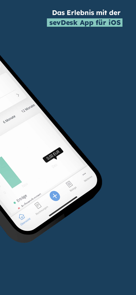 Panel de la aplicación de contabilidad móvil sevDesk para iOS con gráficos financieros y menú