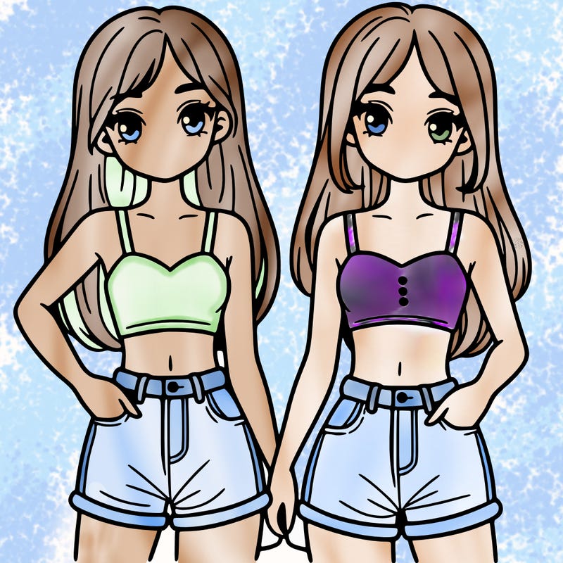 two sisters with crop tops and jean shorts and straight hair
