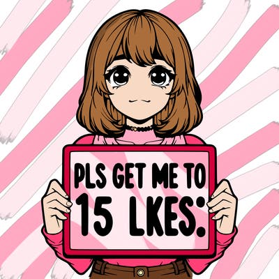 realistic girl holding up a sign that says “pls get me to 15 likes!”
