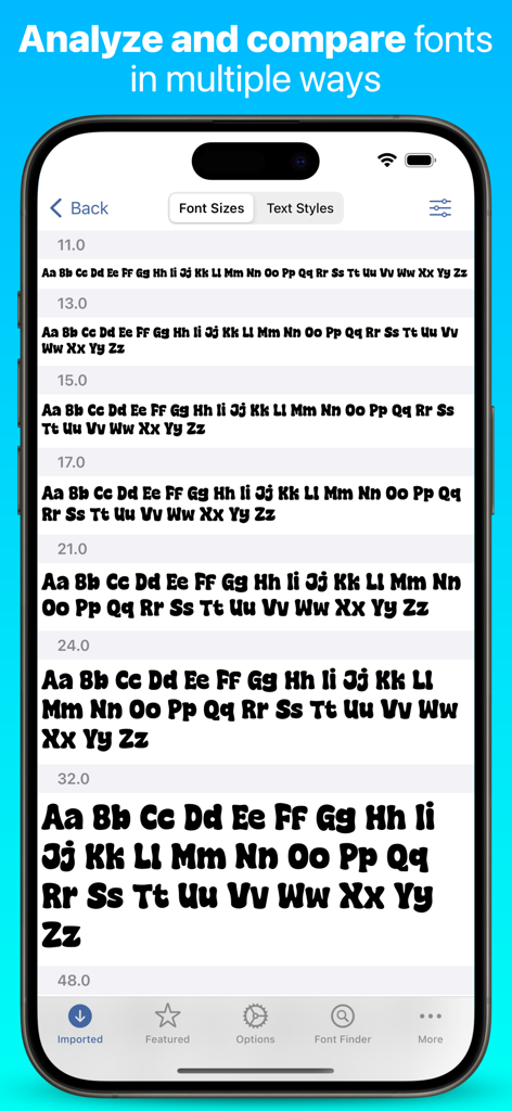 iFont: find, install any font - Interfaz de la aplicación iFont que muestra una fuente visualizada en varios tamaños.