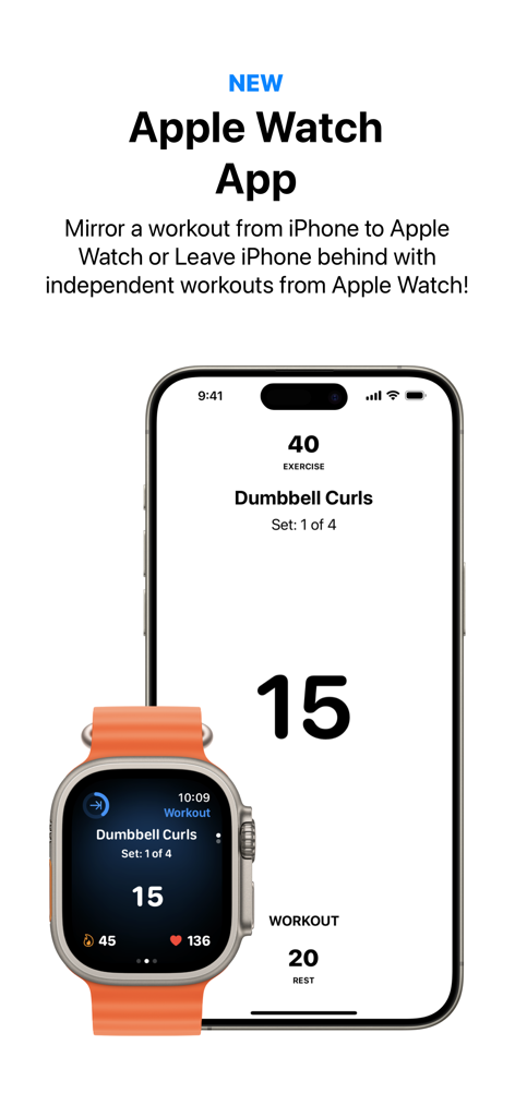 Timed: Workout Timer & Planner - An iPhone and Apple Watch showing the Timed app interface with synchronized workout data for dumbbell curls including heart rate and timer