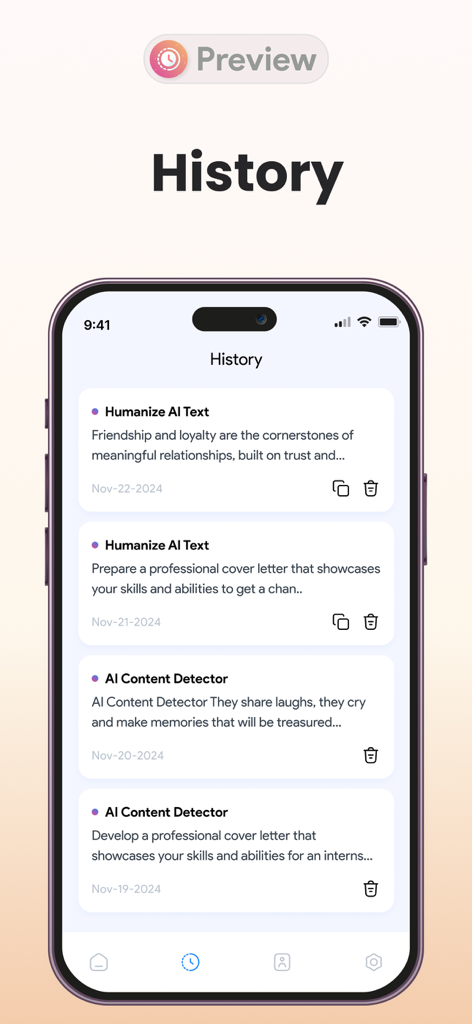 History screen of the Humanize AI app displaying previous text humanization and AI detection tasks.