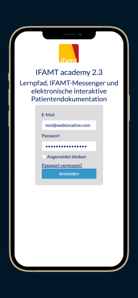 Écran de connexion de l'application IFAMT academy pour la formation professionnelle en kinésithérapie