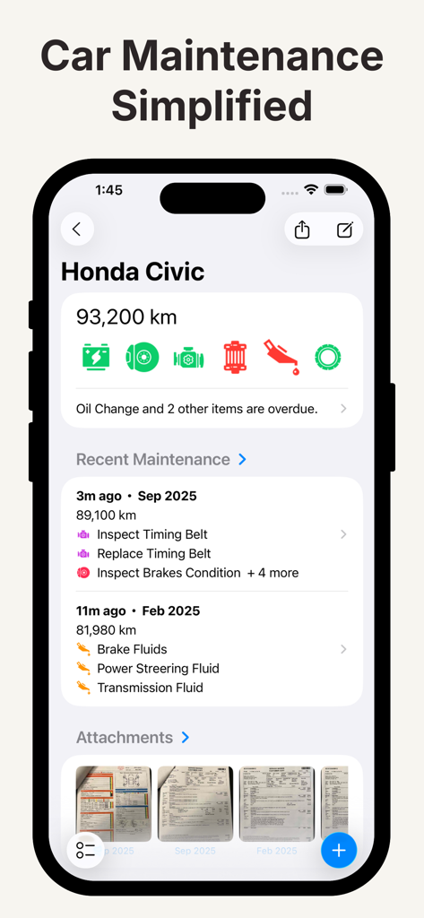 La aplicación de mantenimiento del coche muestra el historial de servicio del vehículo y los recibos adjuntos.