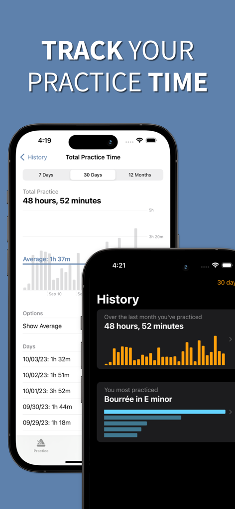 Interfaccia dell'app Mujo che mostra la cronologia della pratica musicale e i grafici di monitoraggio del tempo su due iPhone in modalità chiara e scura